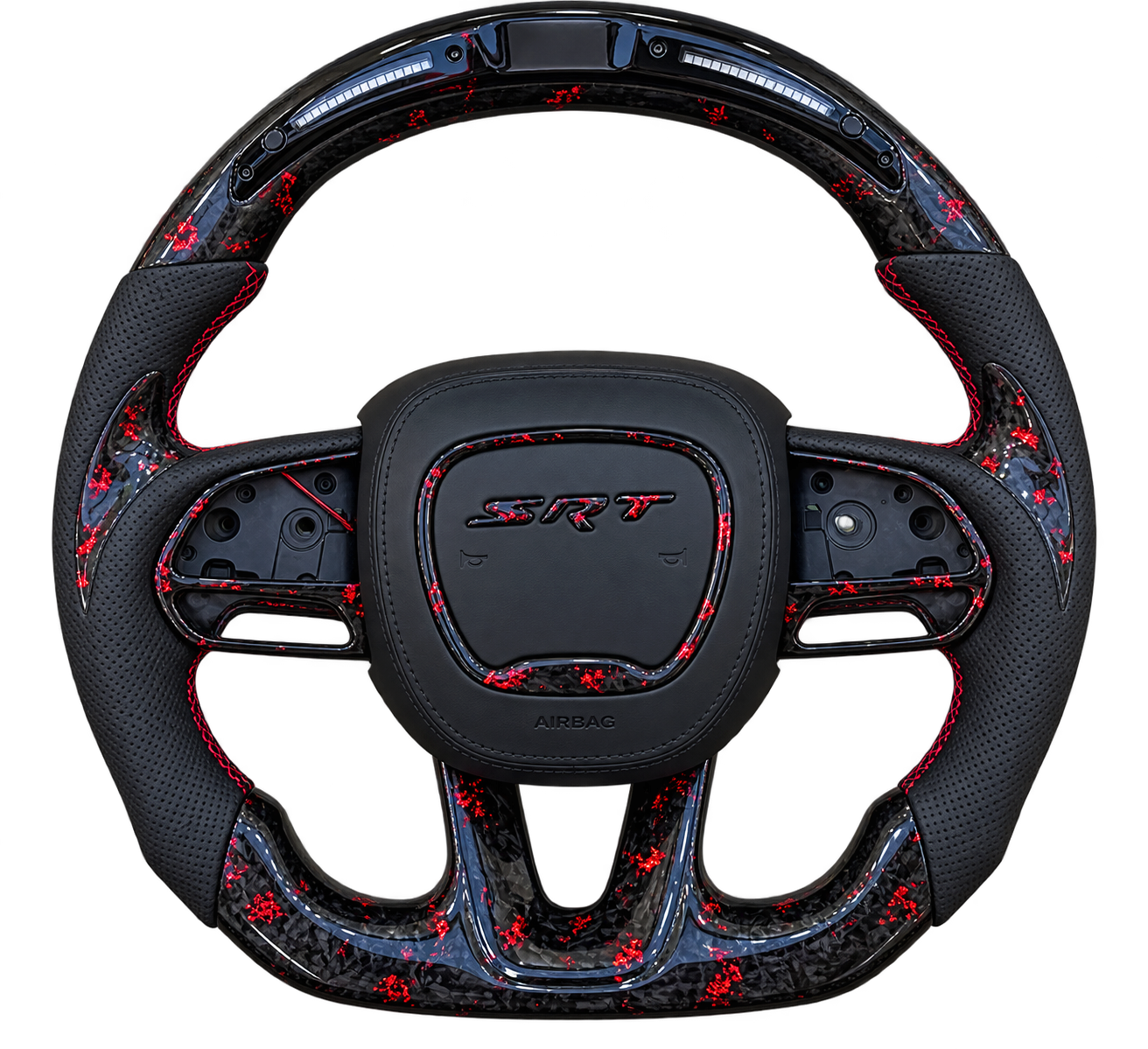 Forged carbon steering wheel with red flake, perforated leather grips, red stitching and LED shift lights